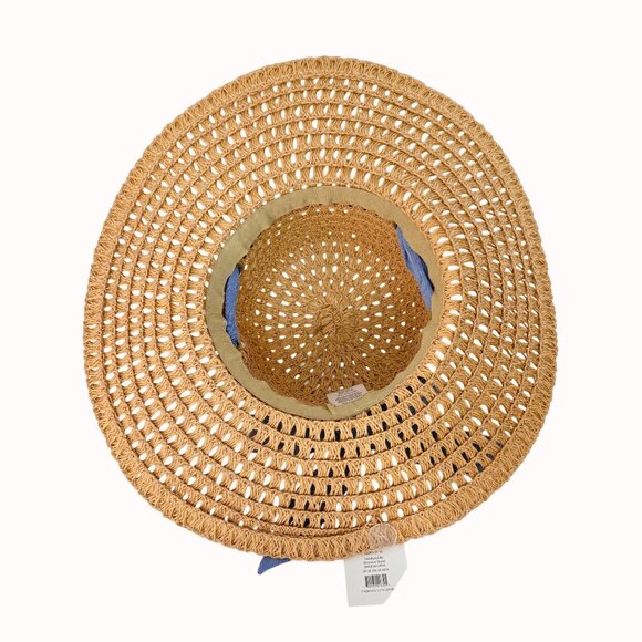 Open Weave Floppy Straw Hat Wide Brim Blue Bow Grommets Beach Cruise Resort Chic - Picture 6 of 16